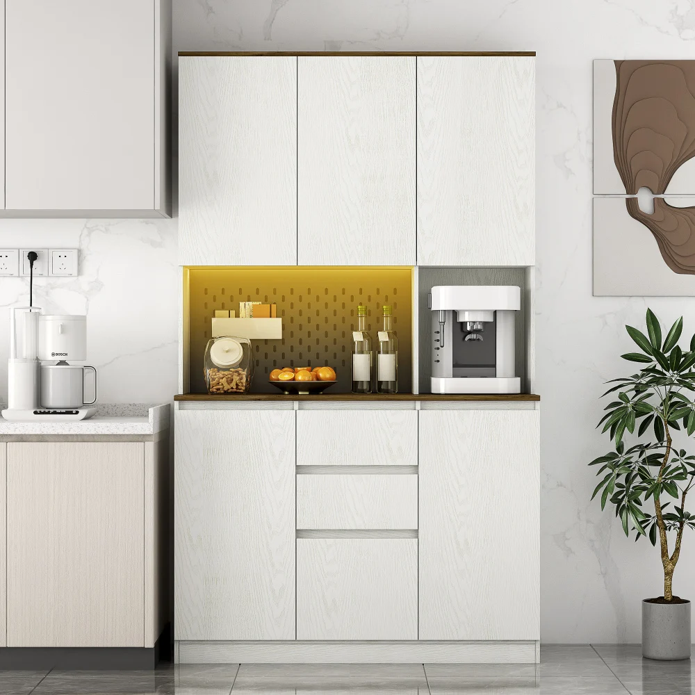 

74" Kitchen storage cabinet with charging station, separate buffet cabinet with drawers, sideboard with LED lights