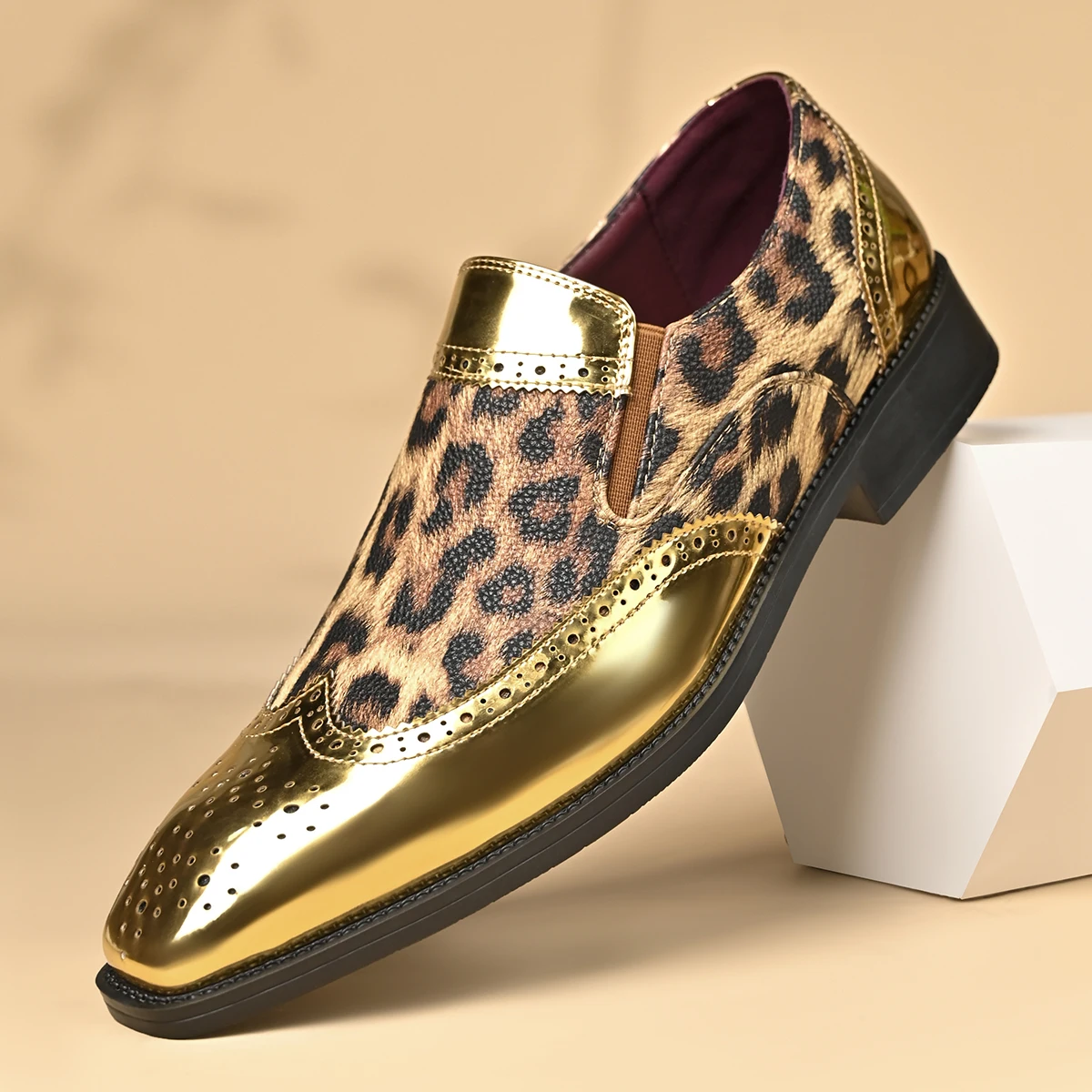 QRLQRL Men's Leopard Print Upper Slip On Brogue Dress Shoe Shiny Golden Mirror Toe Cap Carving Block Heel Fashion