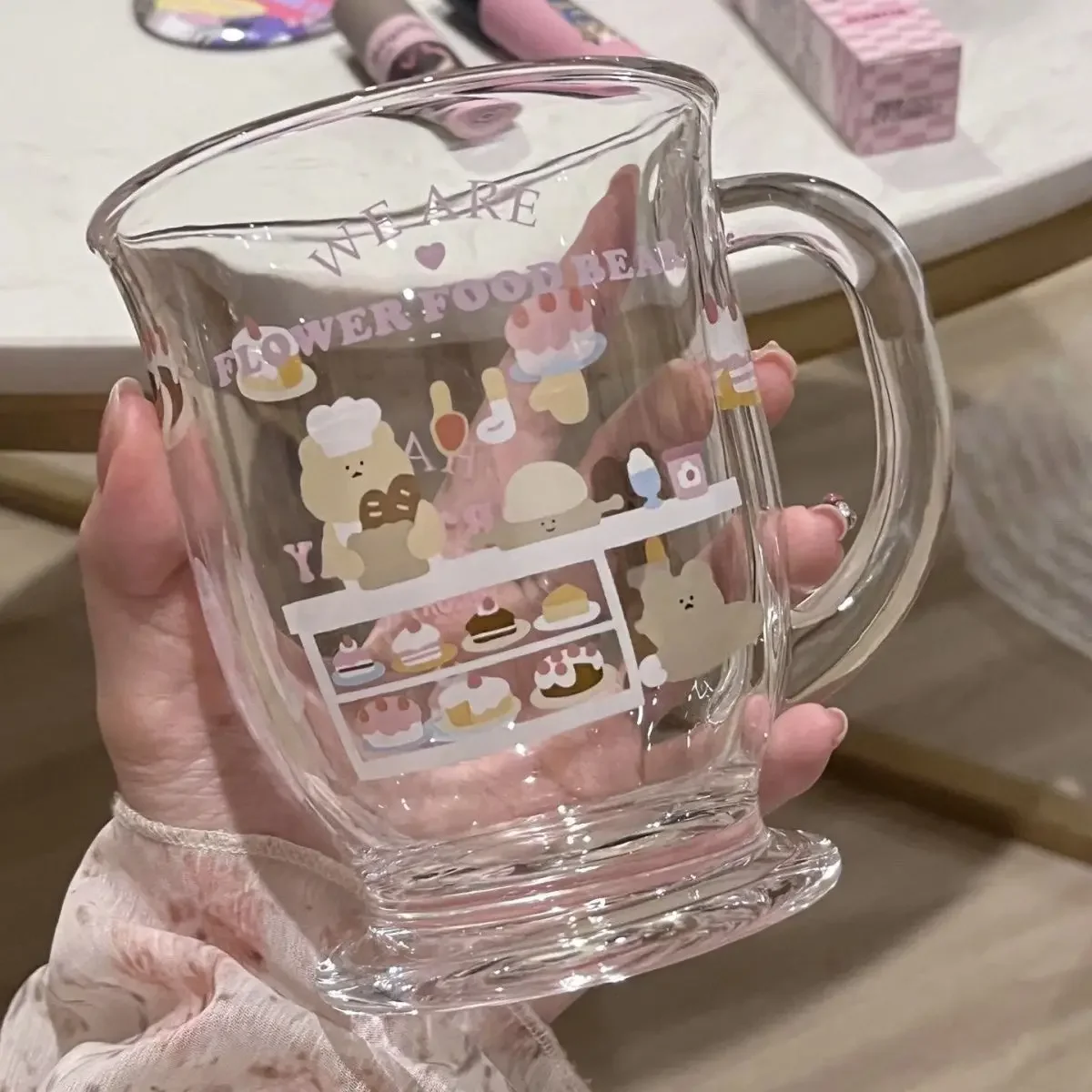 

Cute Pink Bear Glass Cup Cartoon Sweet Printing Bear Cake Large Capacity Household Heat-Resistant Gift Water Cup Kawaii Cup