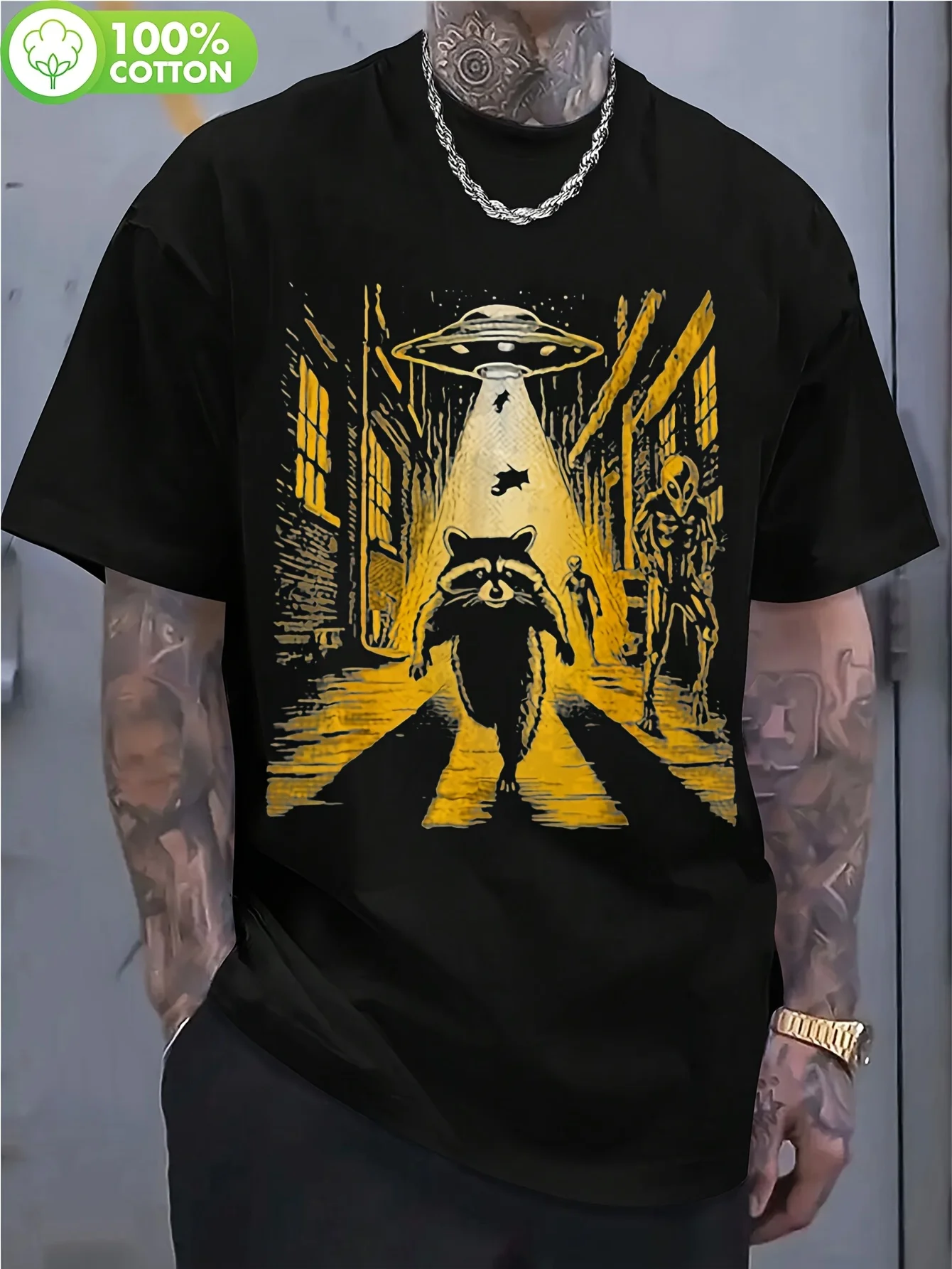 Men's UFO Raccoon Printed T-shirt Retro Futuristic UFO and Raccoon Alien Pattern Anime Style Spring/Summer Streetwear