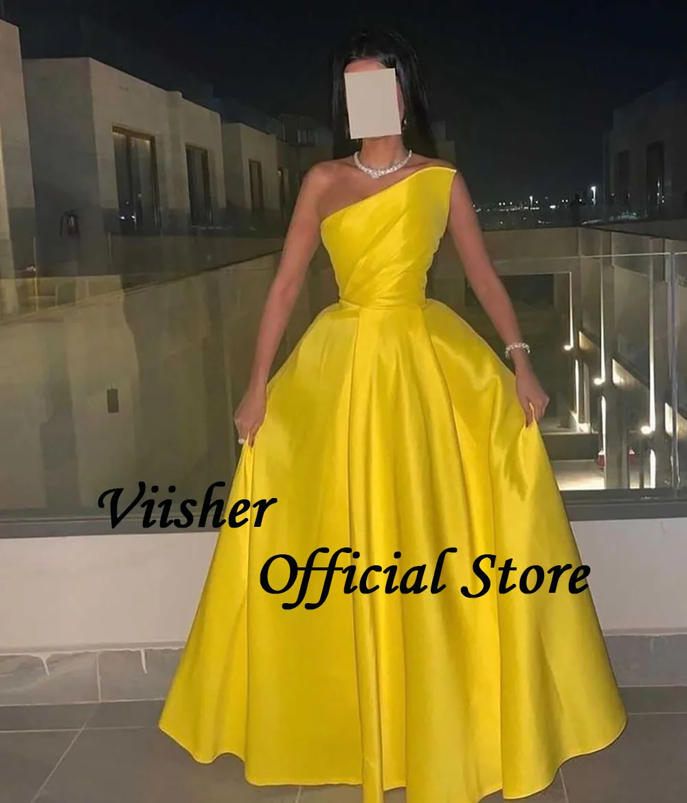 Visher gelb Satin träger lose Abendkleider für Frauen Seite geteilt eine Linie Abschluss ball Party kleid mit Zug lange formelle Abendkleider