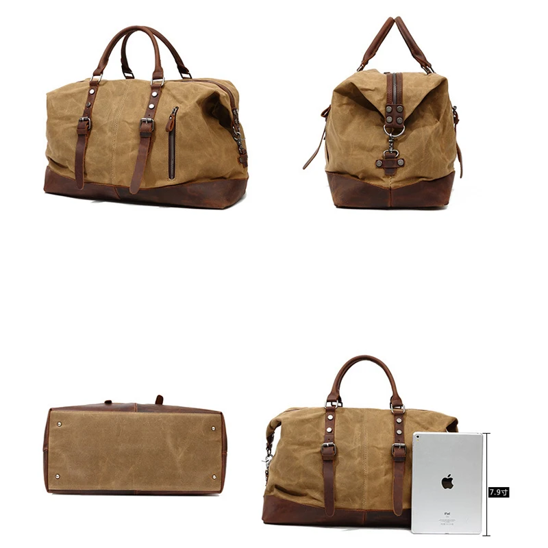 Casual Waxed Canvas Leather Weekender Duffle Bag Durable Large Capacity Travel Overnight Bag for Business Trips Weekend Getaways