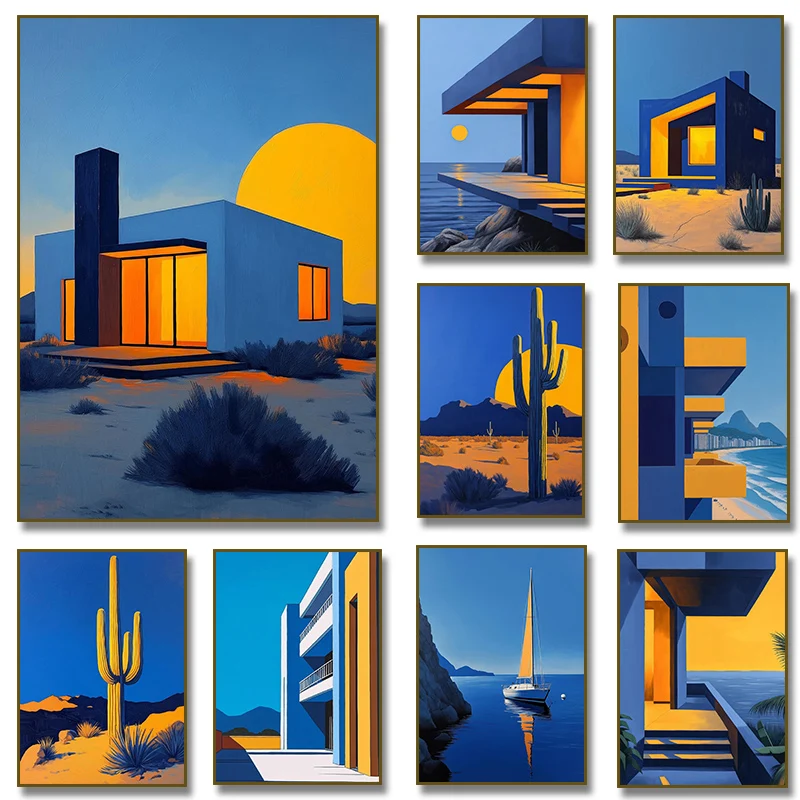 Modern Blue Geometric Apartment Cactus Moon Boat Abstract Architecture Poster Wall Art Picture Canvas Painting Room Home Decor