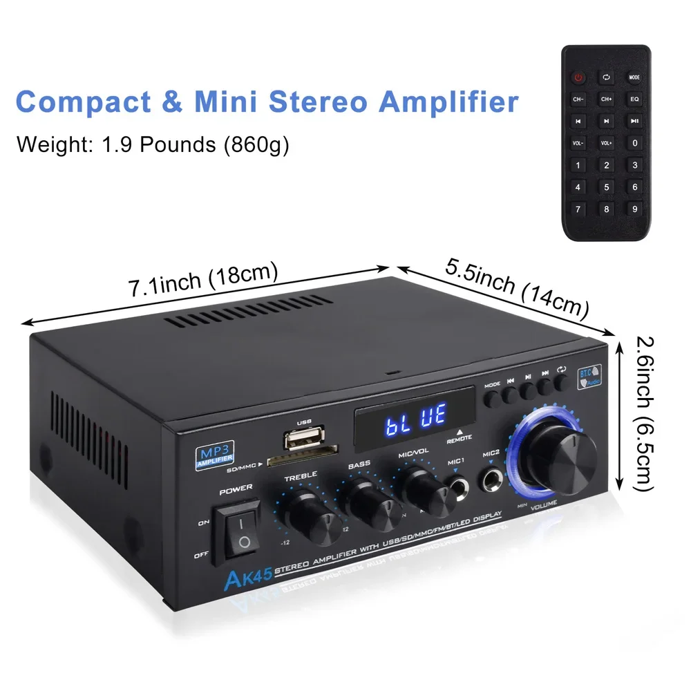 AK45 300WX2 Uscita Amplificatore digitale Bluetooth 5.0 Amplificatore di potenza Canale 2.0 Max 400W Subwoofer Ricevitore audio stereo Hi-Fi