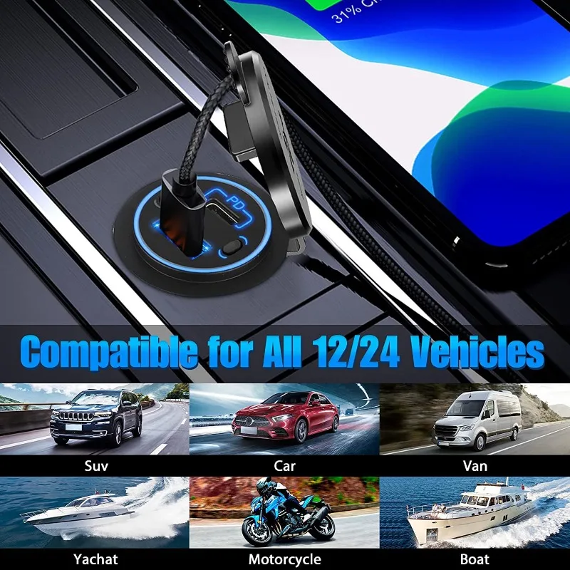 شاحن سيارة عالمي لهاتف Apple iPhone، محول USB 3 في 1 متوافق مع ملحقات السيارات لليخوت والدراجات النارية RV 12 فولت/24 فولت #2