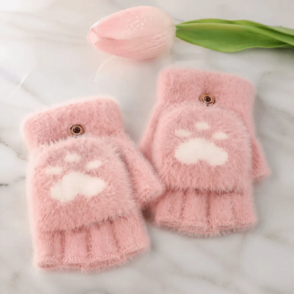 Fashion Soft Cat Paw Gloves Flip Up and Down Thicken Half Finger Gloves Short Fingerless Cozy Warm Plush Mittens Students