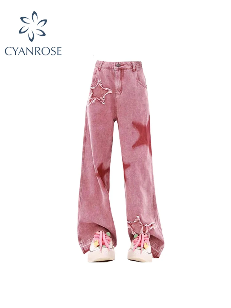 

Women Red High Waist Star Jean Pants Korean Y2k 90s Denim Trousers Oversize 2000s Wide Leg Baggy Jean Pants Vintage Punk Clothes