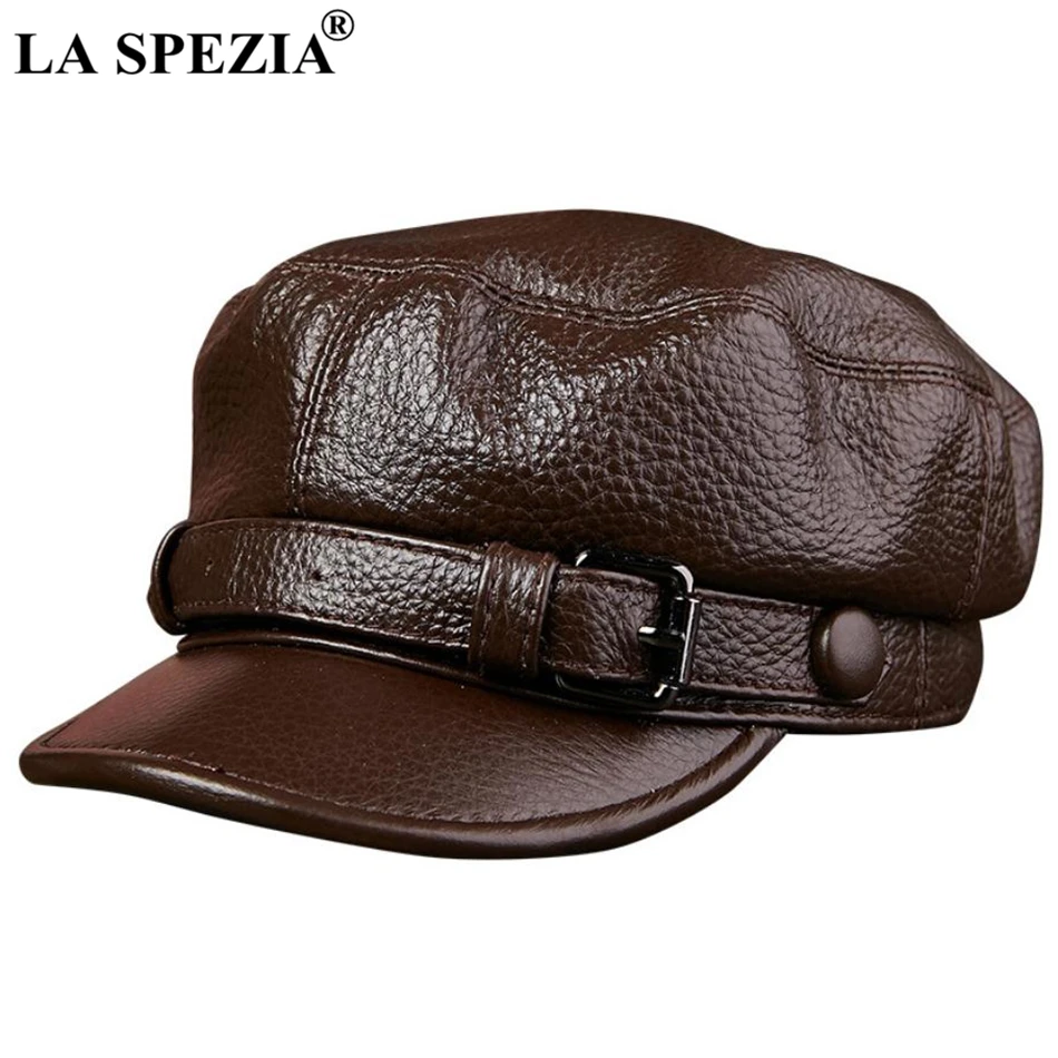 LA SPEZIA 2024 Brand Military Hat Sailor Men Brown Genuine Cow Leather Winter Baker Boy Caps Male Belt Top Quality Captain Hat