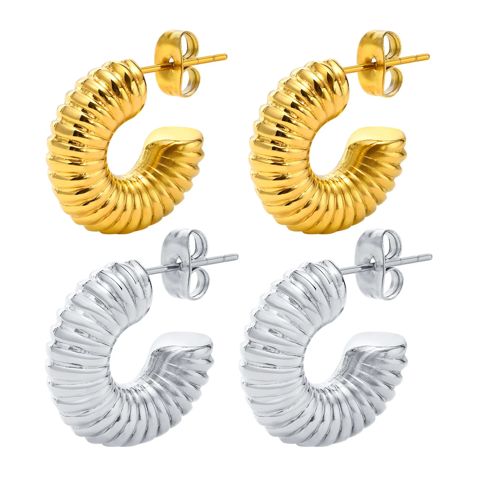 Blod Chunky Textured Earrings for Women, Gold Plated C-Shape Thick Open Hoops Earring Jewelry Stainless Steel