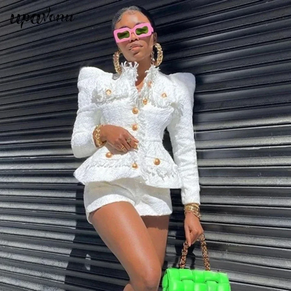 

Free Shipping High Quality Designer Runway Suit Suit Women's Gold Button Tweed Jacket Shorts Set 2021 New White Tweed Suit