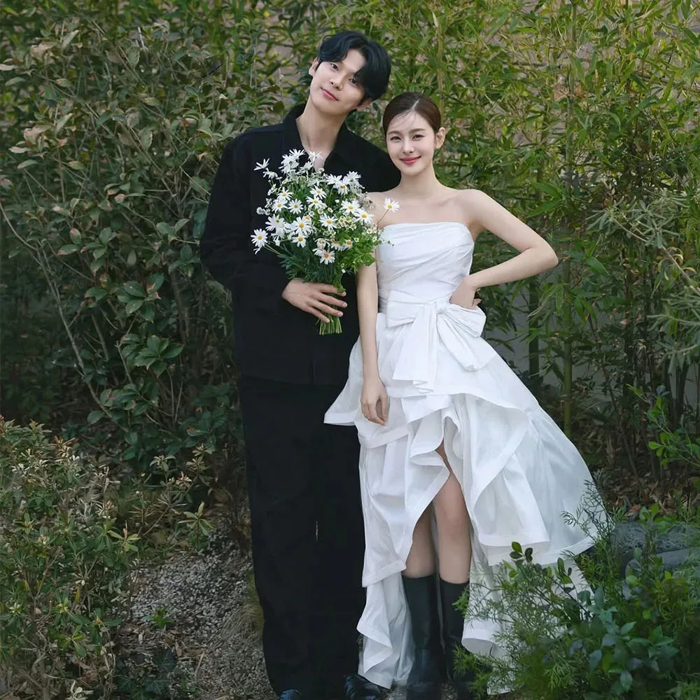

ML Strapless Hi-Lo Korean Wedding Dresses Customized Draped Ruffle Wedding Snap Dresses Bow Bridal Party Gown 2026