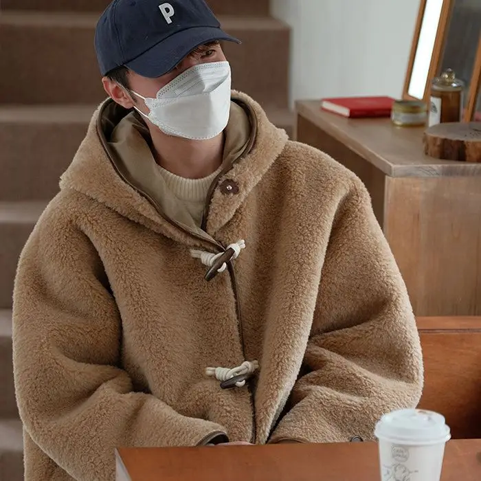

Korean Style Coat Men Faux Shearling Mid Length Loose Fit Lamb Wool Toggle Button Warm Outerwear Winter Jacket
