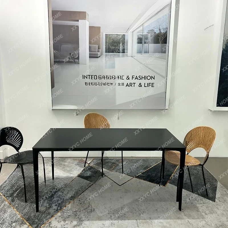Delifeng rock slab dining table modern simple household pure black aluminum alloy rectangular dining table