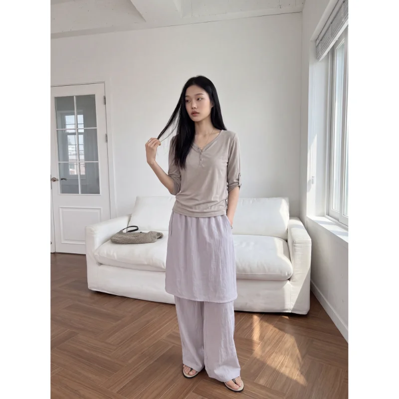 Women's Slim Fit T-shirt Button Half Open V-neck Seven Sleeve Casual Style Fashion Design Top Polyester Fiber Regular Thickness