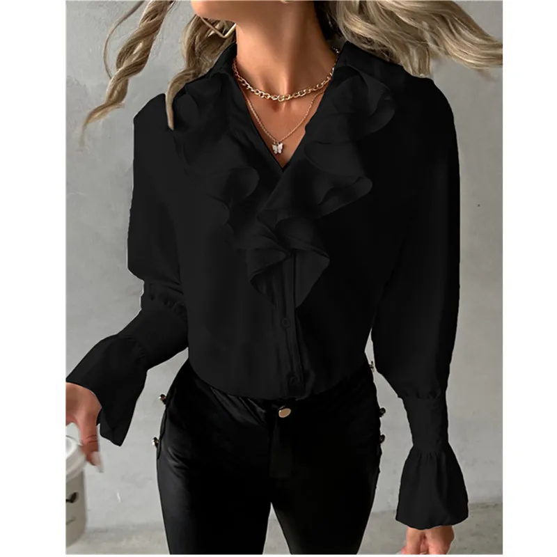 Fashion Office Lady Work Solid Color Shirt Tops Sweet Ruffled Splice Long Sleeve V-neck Tops 2025 Spring New Casual Women Blouse