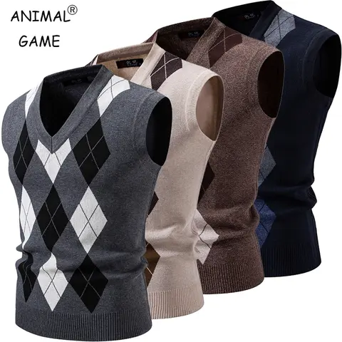 Nouveaux hommes Argyle tricots gilet col en V sans manches décontracté coupe ajustée pull tricoté pull en plein air Streetwear décontracté débardeurs