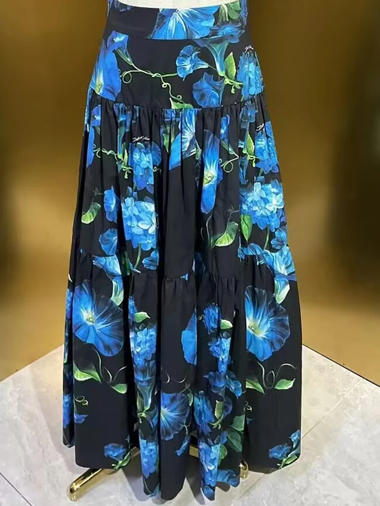 100% Cotton Skirt Dark Night Blue Morning Glory Flower Vintage Party Long Dresses For Women 2024 Luxury Brand