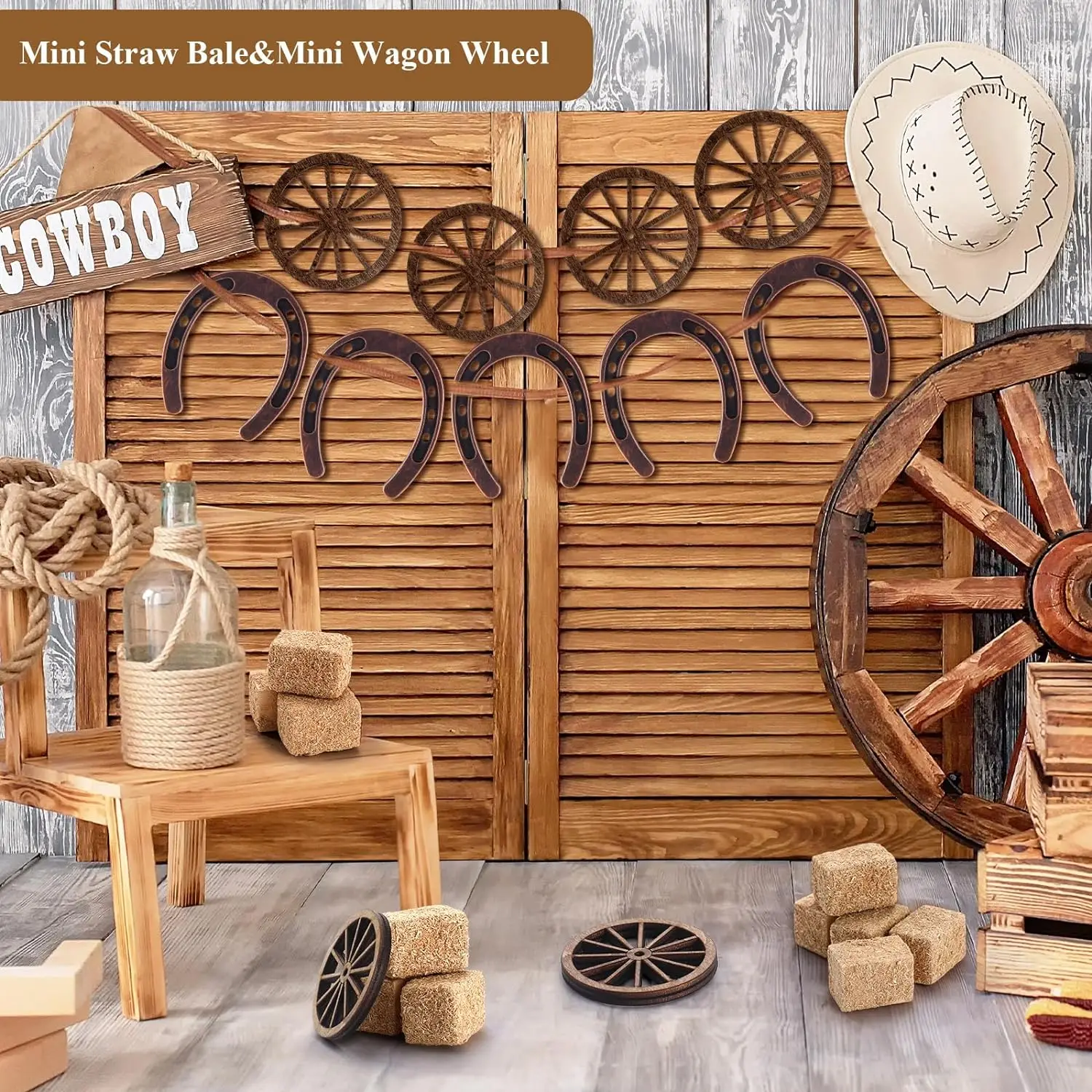 Zaopatrzenie firm zachodnich Wystrój podkowy Wagon Wheel Crafts Mini Hay Bales Vintage Table Centerpieces for Lucky Horseshoe Wedding