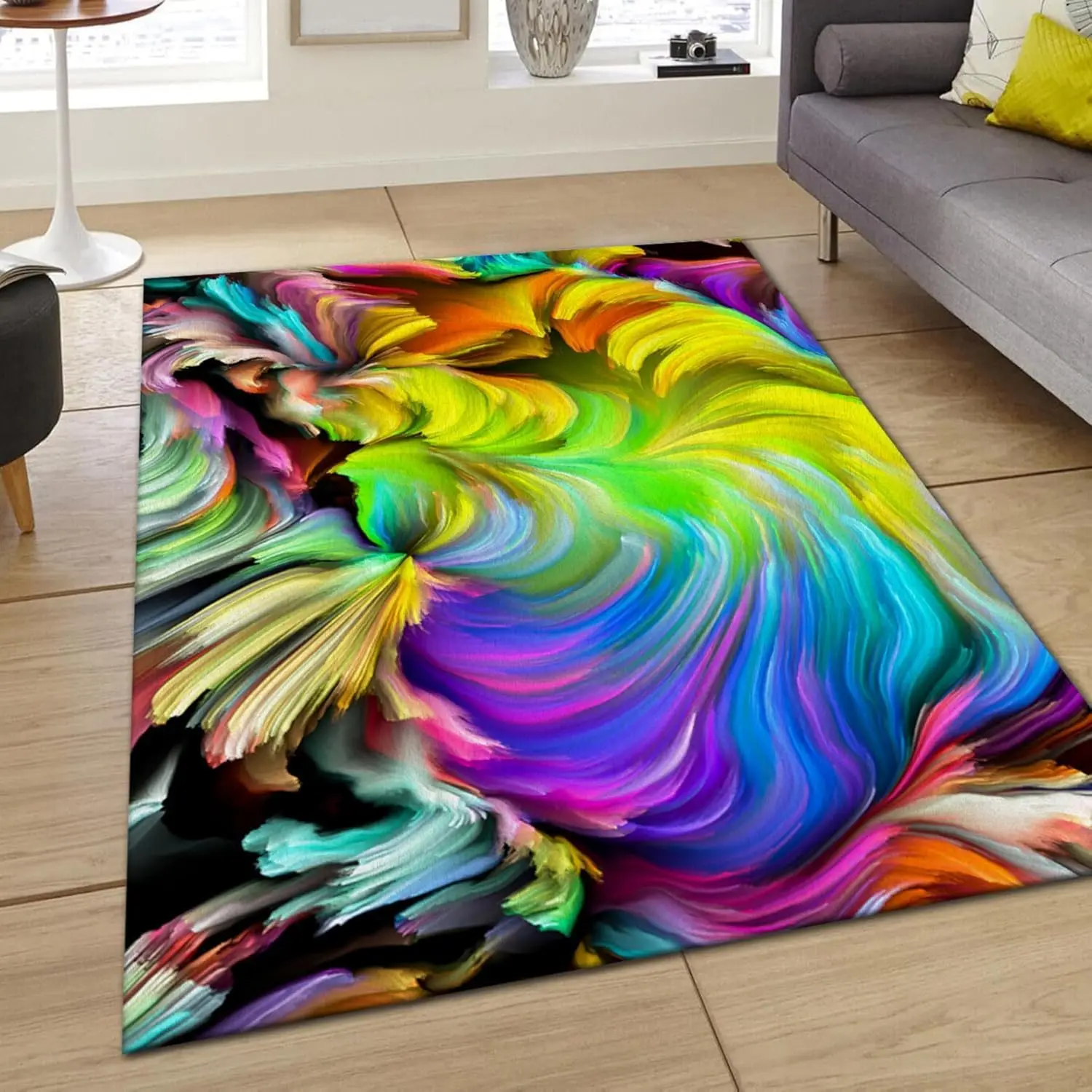 Dreamy Swirling Fluid Art Rug, Vibrant Multicolor Non-Slip Floor Mat for Bedroom & Living Room, Eye-Catching Abstract Home Decor