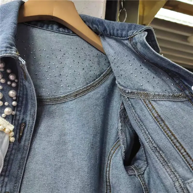 Korean Style Heavy Industry Pearl Lace Denim Jacket Top Loose Long Sleeve Short Jean Jacket Coat 2024 New Women Spring Clothing