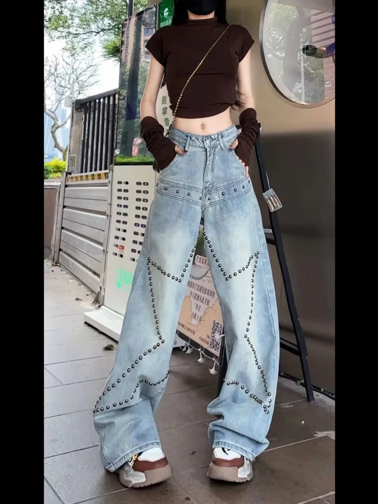 Fashion Jeans for Women 2024 Spring Clothes New American Style Loose Slimming Retro Streetwear Ladies Wide-Leg Pants All-match