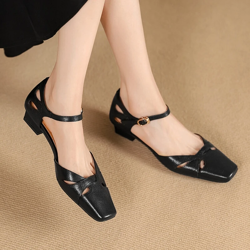 NEW Summer Women Sandals Genuine Leather Shoes for Women Cover Toe Cover Heel Shoes Square Toe Low Heel Concise Designer Sandals