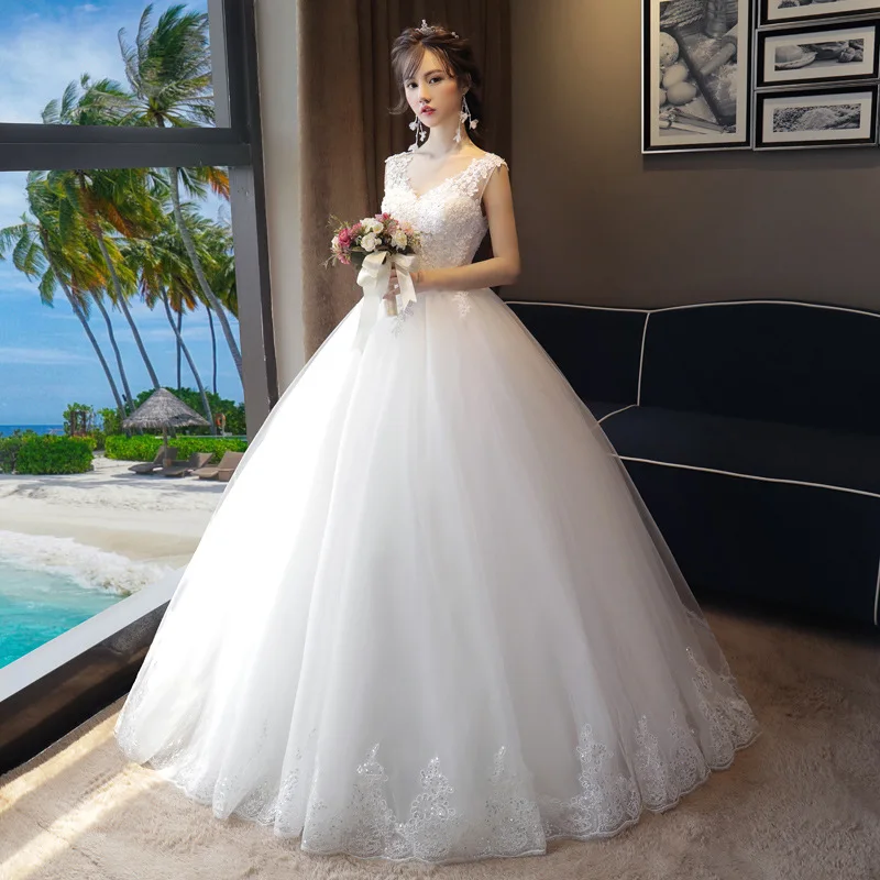 Elegant Laceชุดแต่งงานTulleคลาสสิกVคอแขนกุดVestido De Noiva Elegant SimpleยาวRobe Mariage Femme Plusขนาด