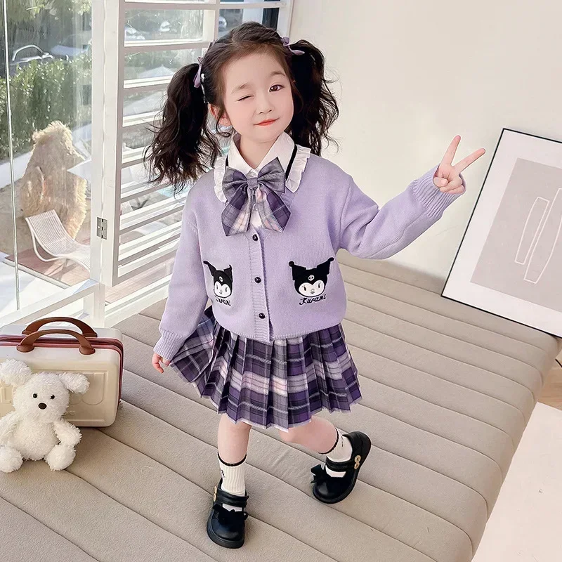 

Anime Sanrio Kuromi JK Girls Suit Autumn College Style Three-piece Set Cute Children Uniform Pleated Skirt Festival Sweater Gift