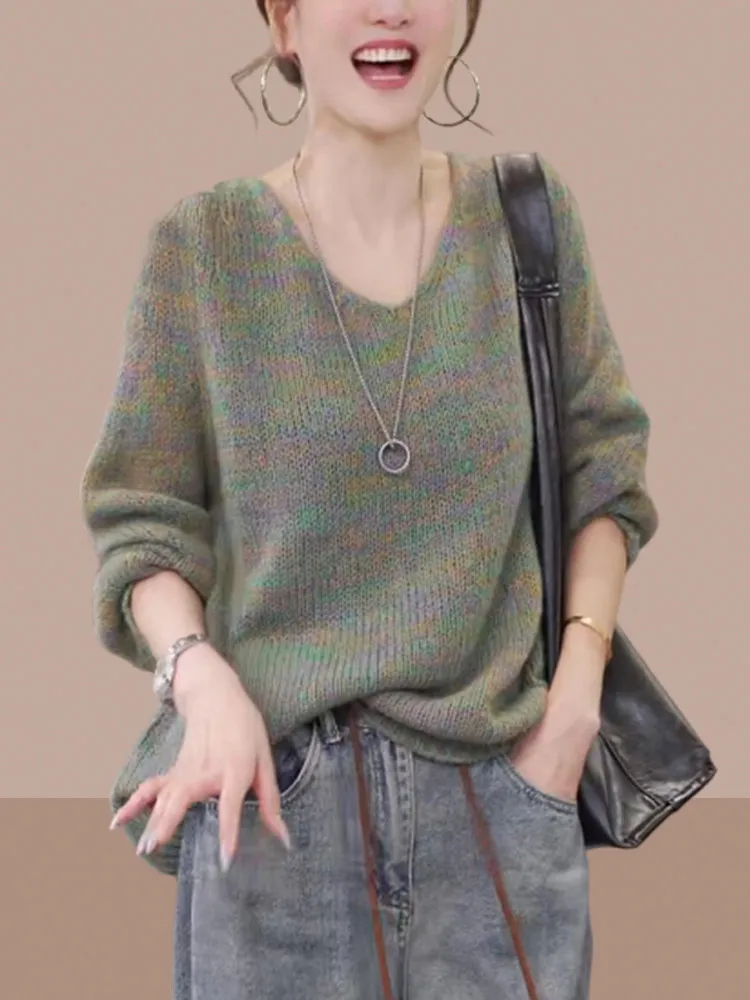 

Женский вязаный свитер больших размеров с V-образным вырезом и длинными рукавами, свободного кроя, для весны и осени, повседневный, комфортный, стройнящий топ