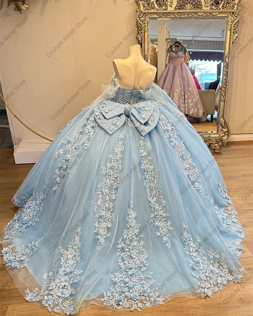 Apliques de encaje azul bebé con hombros descubiertos, vestido para quinceañeras, vestido de baile dulce 15 16, vestido de quinceañera