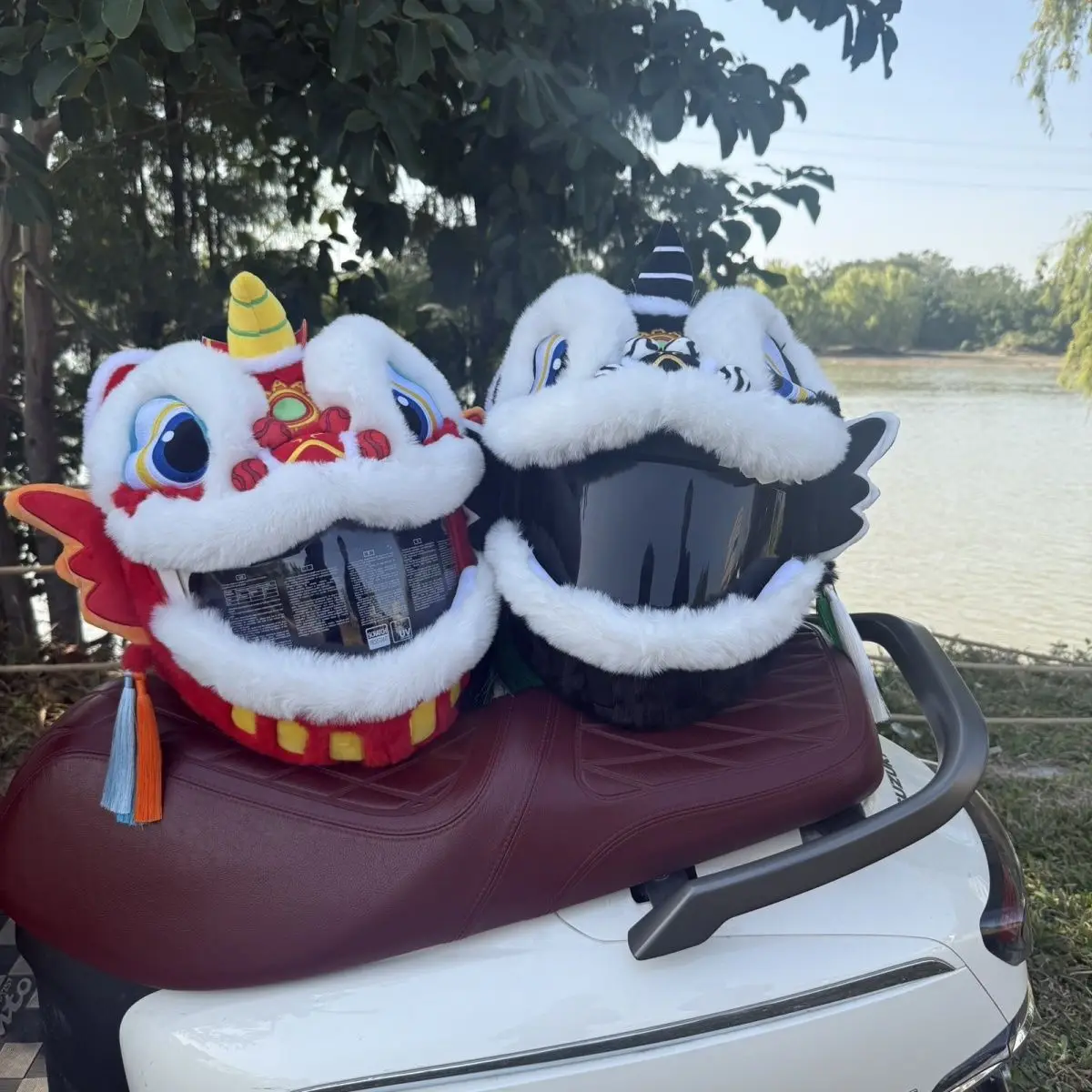 Cool Motorcycle Helmet Cover Cute Cartoon Plush Warm Accessories Lion Dance Red and Blue Lion Personality Protection Headgear