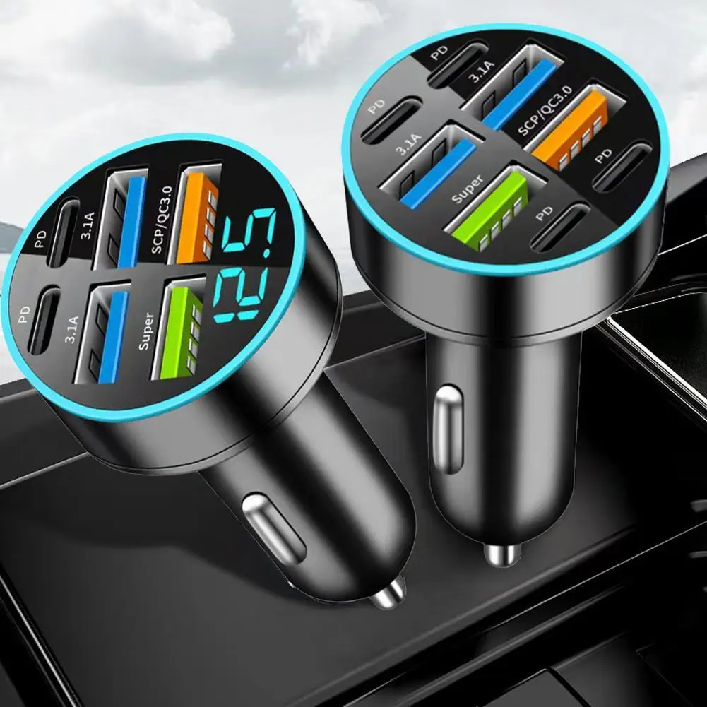 100w Car Charger 6 Port USB 4A+2C Fast Charging Car Digital Display Adapters For Xiaomi IPhone Oneplus Cellphones