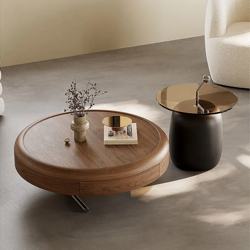 High-end wabi-sabi style stylish round coffee table set with wooden and tempered glass tops for modern living room center tables