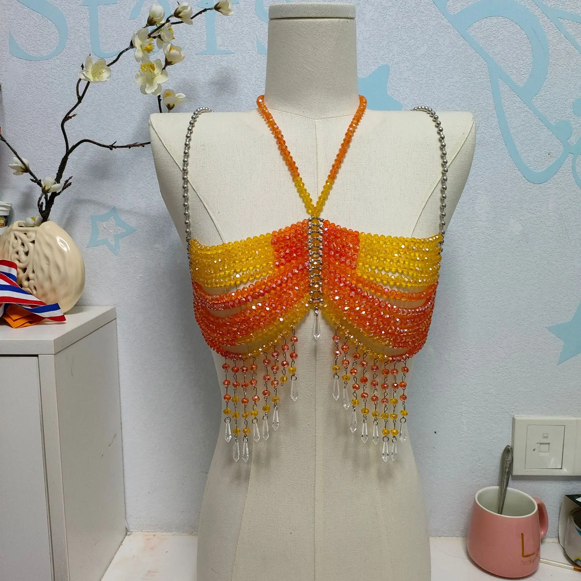 Handmade Orange Crystal Beading Tassel Bra Chain Vest Beaded Halter Camis Crop Tops for Women Sexy Multi-layer Breast Chain Tops