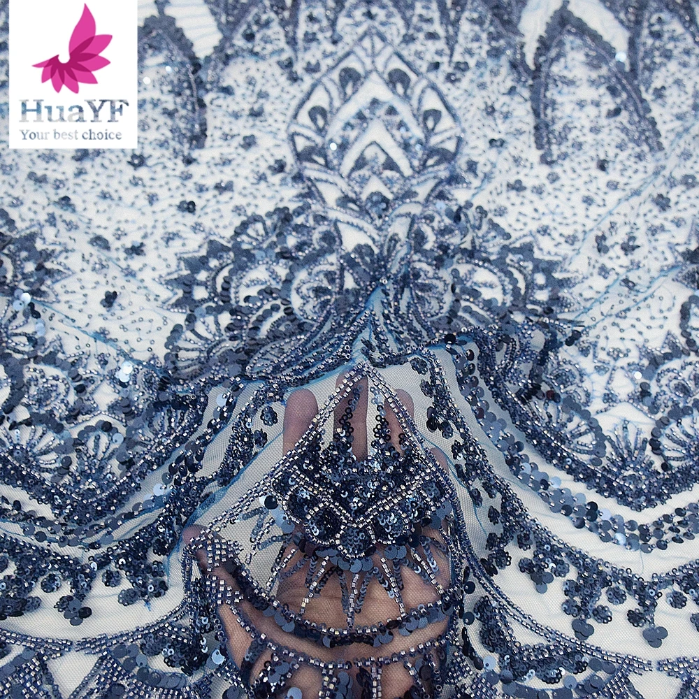 

1 Yard Luxury Sea Blue Crystal Sequins Embroidered African Ladies Evening Dress Beads Lace Fabric HY1957