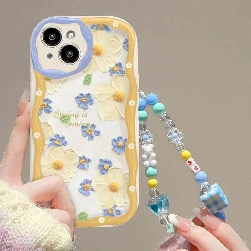 Korea Cute 3D Flower Lanyard Soft Phone Case For OPPO Reno 8T 5G 7Z 8Z Realme 11 10 4G 5 6 7 Pro 8 7i GT 3 A57 5G Clear Cover