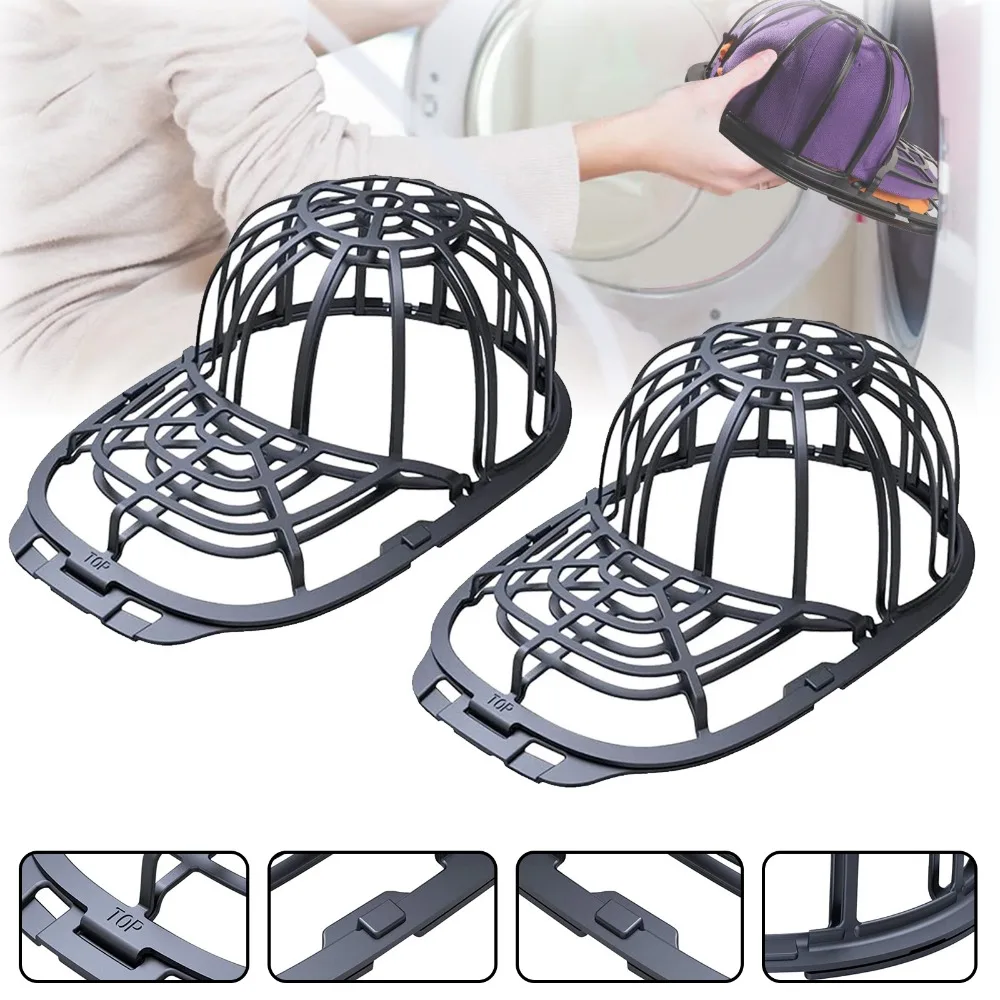 2 pezzi di gabbia per lavaggio cappelli per lavatrice, pulitore per cappelli da baseball con modellatore per la visiera e supporto per riporli, struttura in plastica per lavastoviglie – colore nero.