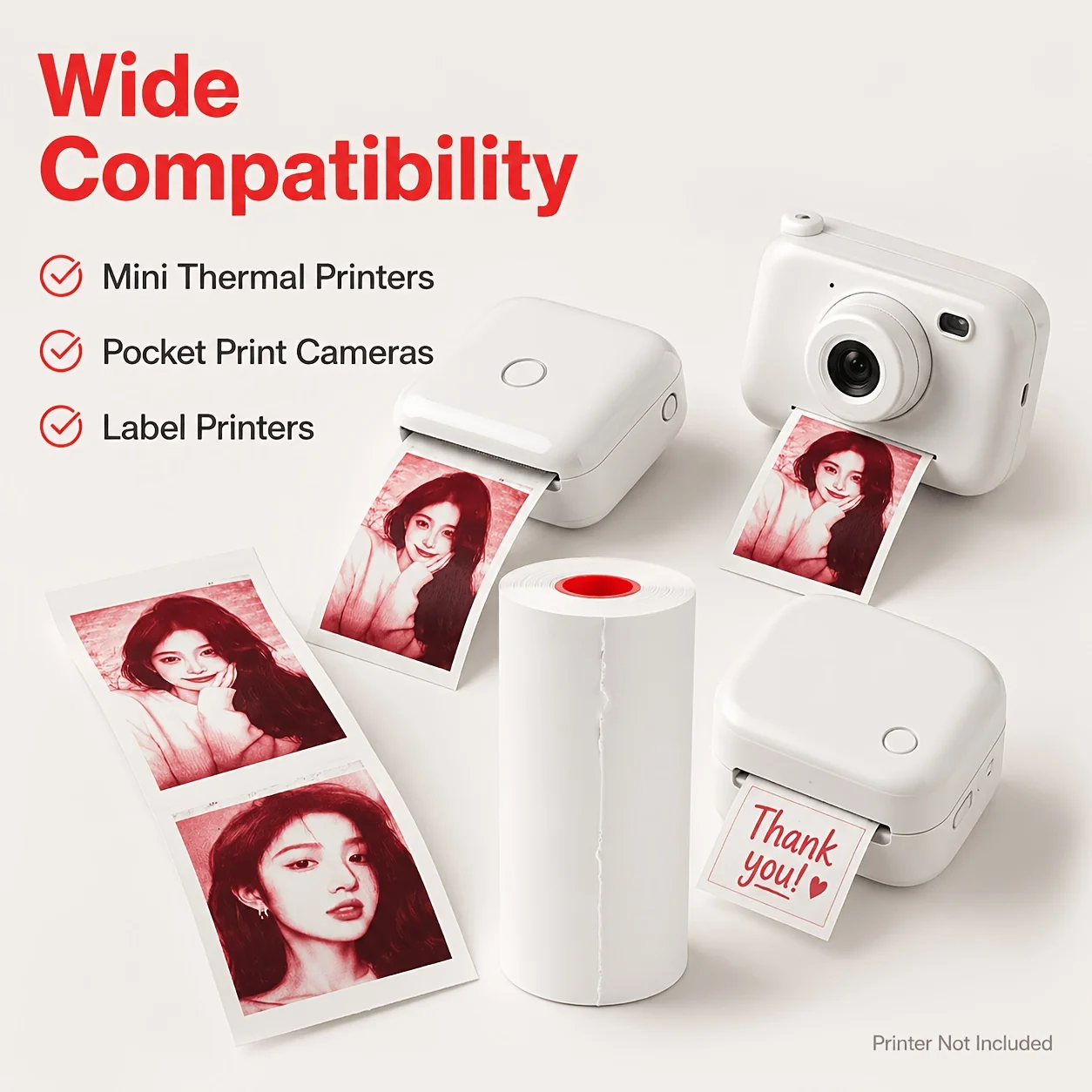 57x25mm Red Color Thermal Paper Printable Sticker Roll Compatible for Instant Print Mini Camera Portable Thermal Printer Tag