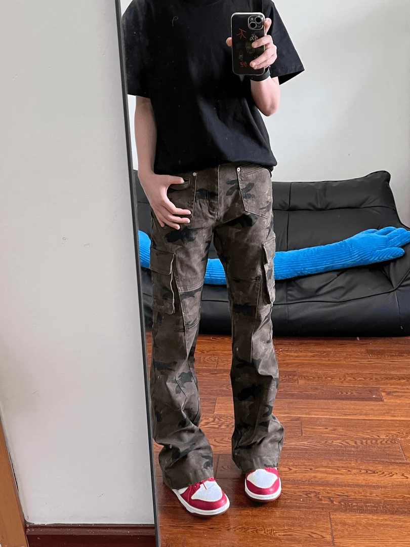 

American High Street Cleanfit Retro Camouflage Multi Pocket Flared Casual Workwear Pants Men Slimming Long Trousers Trendy