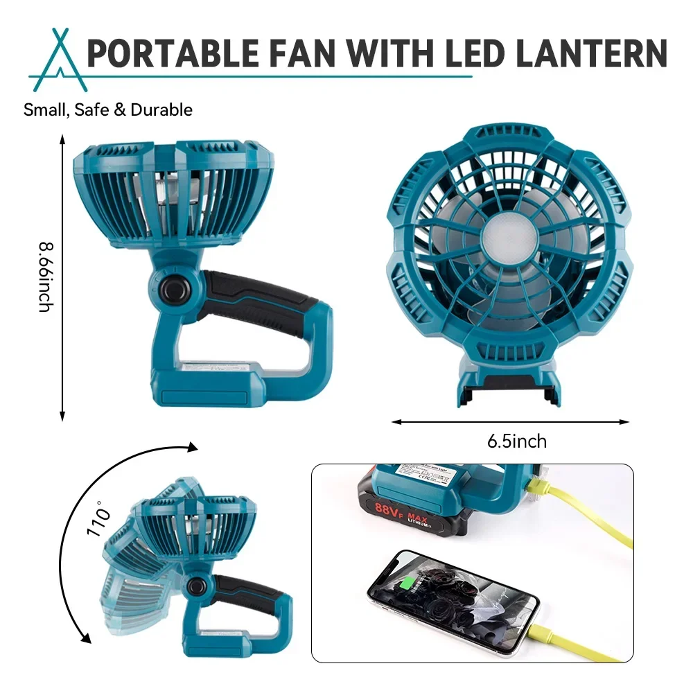 Wireelife Cordless Electric Camping Fan 3 Gears Portable Outdoor Jobsite Fan LED Light Remote Control For Makita 18V Battery