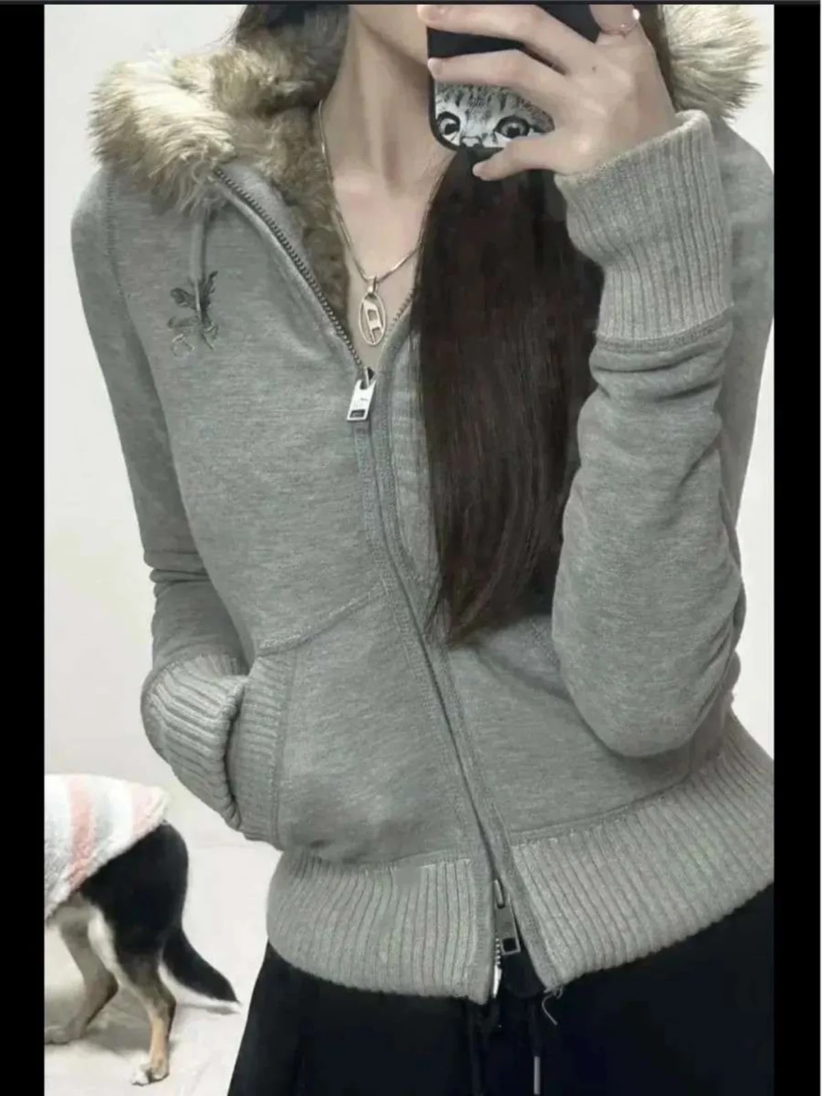 

Thiened Fce Lined Hoodie Jaet American Retro Casual ey Long Sve Campus Sle Women's Slim Fit Sweatirt Top