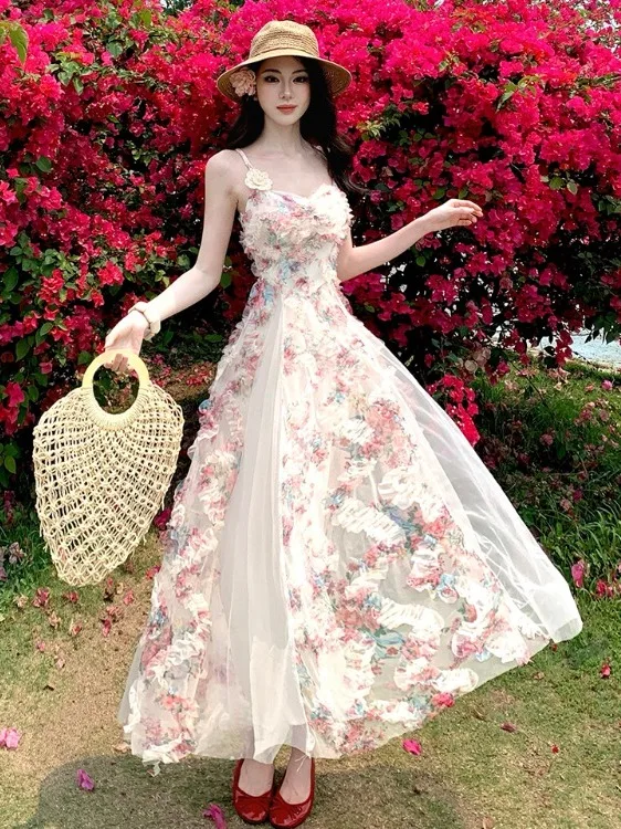 

Summer New Floral Lace Halter Dress Women's Slimming Pure Desire Mesh Splicing Big Skirt Fairy Long Dress A-Line Skirt
