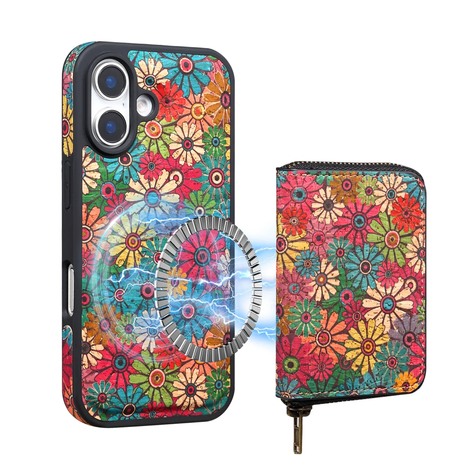 

Магнитная сумка на молнии, кожаный чехол-кошелек для телефона для iPhone 16 Pro Max 15 14 Plus 13 12, чехол для карты с рисунком цветка, беспроводная зарядка