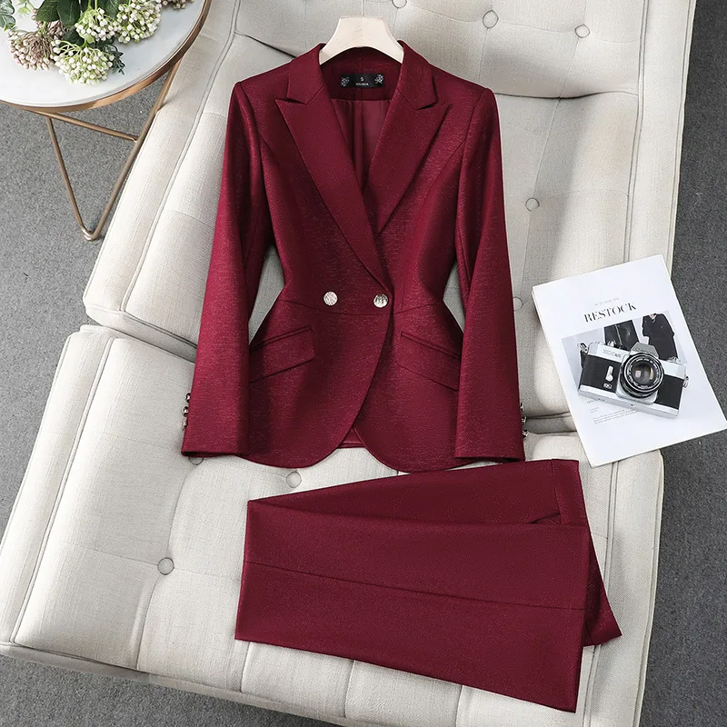 Autumn Winter Ladies Pant Suit Formal 2 Piece Set Women Clothing Female Business Work Wear Wine Red Blazer Jacket and Trouser