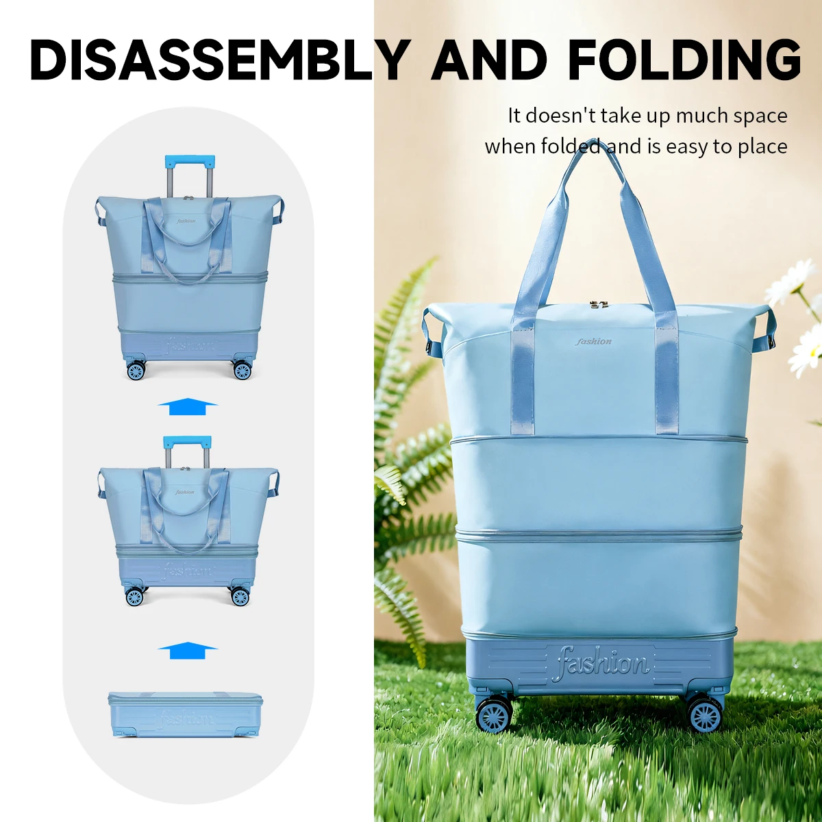 Universelle Reisetasche mit Rollen, geräumige Tasche für Damen, faltbare Trolley-Tasche, Einkaufstasche für Studenten. – Detail 3