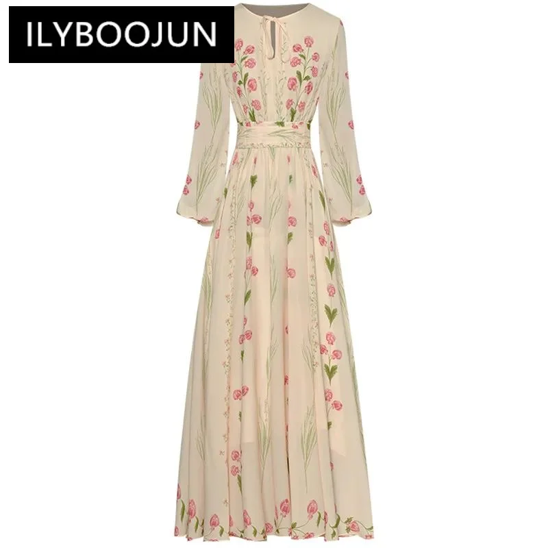 

ILYBOOJUN Spring Fashion Designer Vintage Floral Print Dress Women's Lantern Sleeve Frenulum High Waist Slim A-LINE Long Dresses