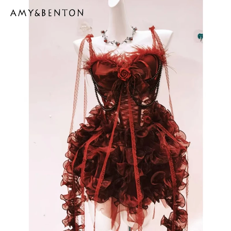 

Original Design Red Lace Hollow Out Bead Chain Women's Dress Gothic Sexy Palace Jacquard Lolita Sleeveless Sling Dresses Ladies