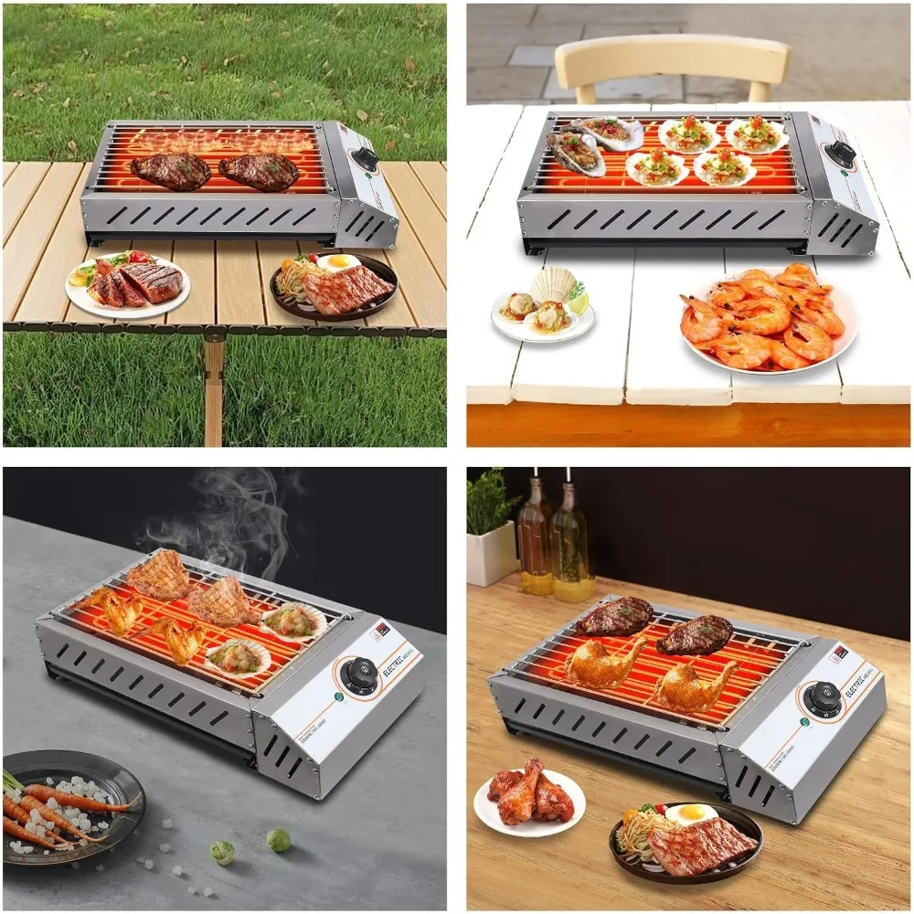 

1.8KW Indoor Lesser Smoke Tabletop Griller W/Grease Catching Tray 50-300°C Adjustable Portable Outdoor Stainless Steel BBQ Grill