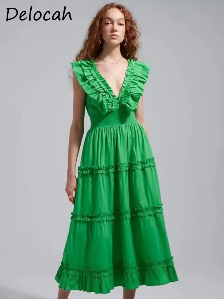

Delocah High Quality Summer Women Fashion Designer Green Dress Butterfly Sleeve Elastic Waist Shirring Ruffles Trim Midi Dresses