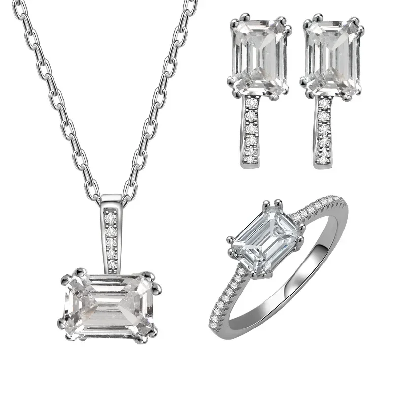 Luxury Jewelry set 925 Sterling Silver Square Diamond fashion hot selling 5A CZ necklace ring earrings three piece set